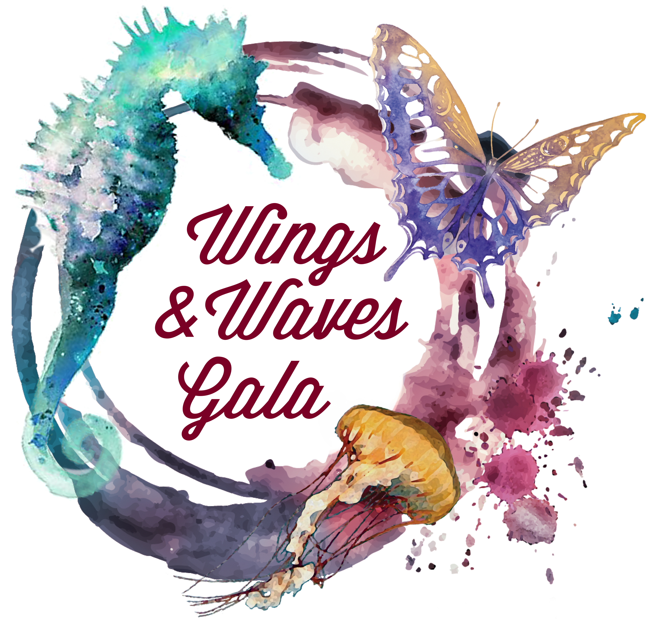 Wings and Waves Gala Logo seahorse butterfly jellyfish